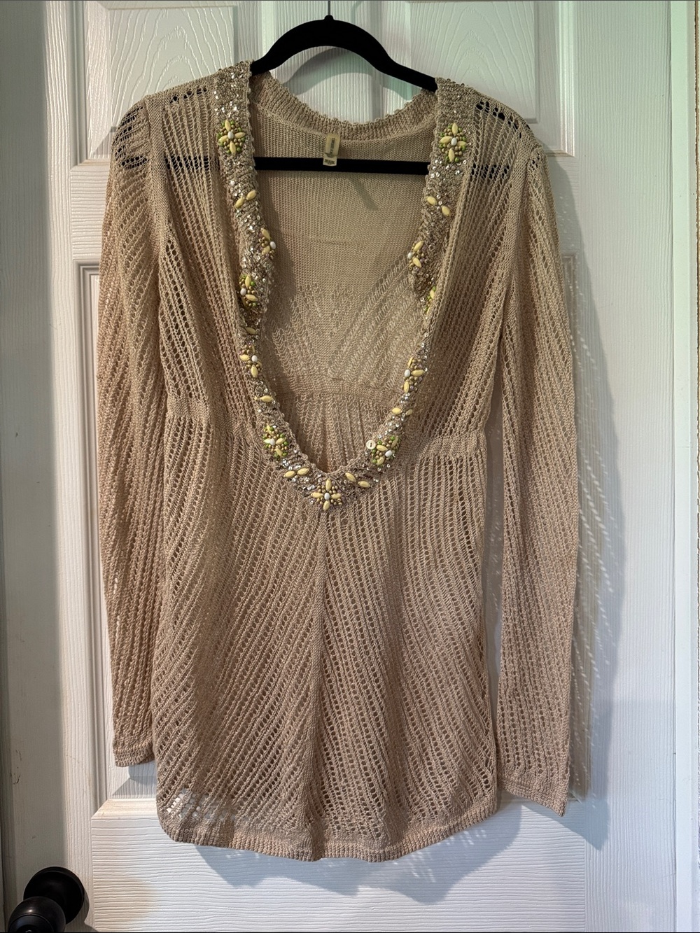 Victoria's Secret Beige Sheer Open-Knit Beaded V-Neck Tunic